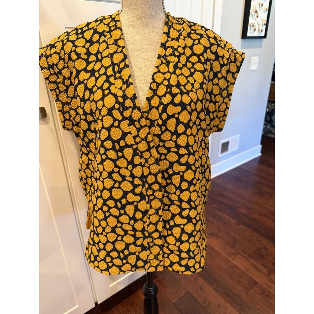 Ann Mashburn XS Reversible Wool Silk Animal Print Mustard Black Top Blouse